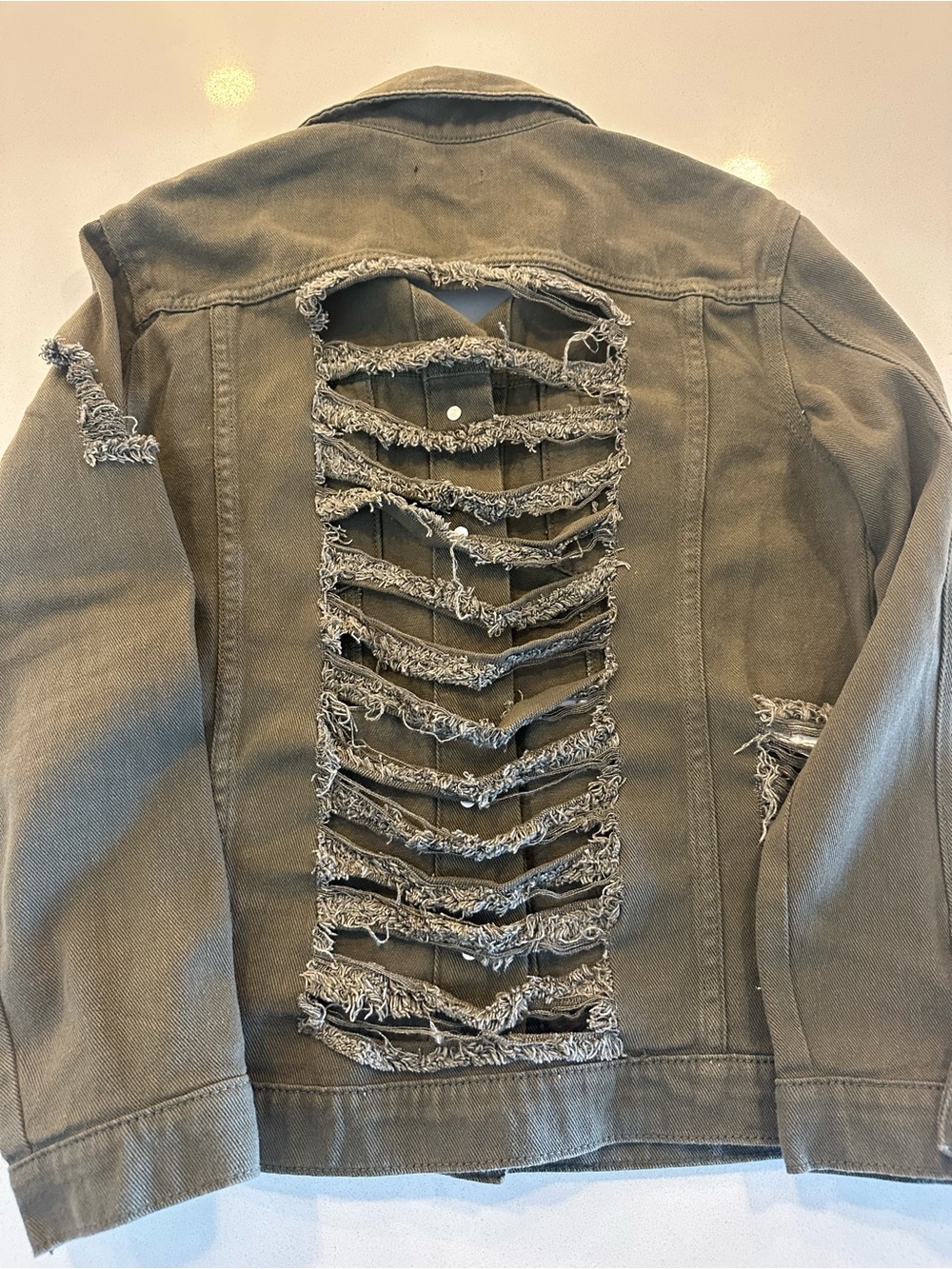 Boohoo Olive Green Distressed Denim Jacket